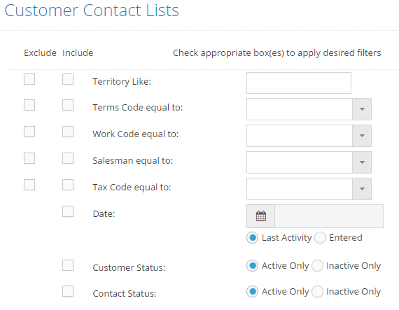Customer Contact List Filters