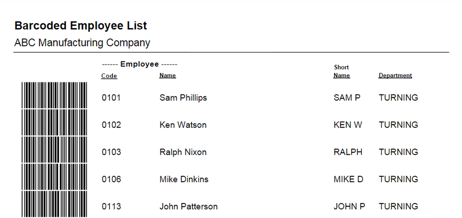 Employee Barcode List