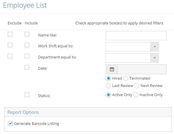 Employee Barcode List Filters