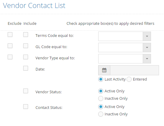 Vendor Contact List Filters