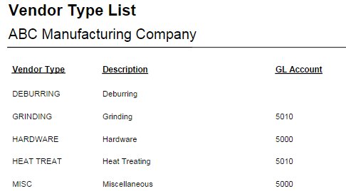 Vendor Type List
